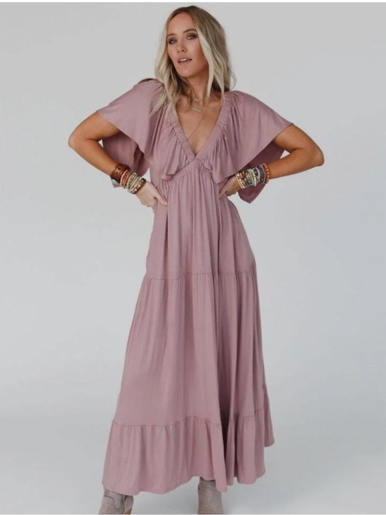 Three Bird Nest Dresses & Skirts - New: Three Bird Nest Mauve “On Repeat” Ruffle Neckline Tiered Maxi Dress• Smal